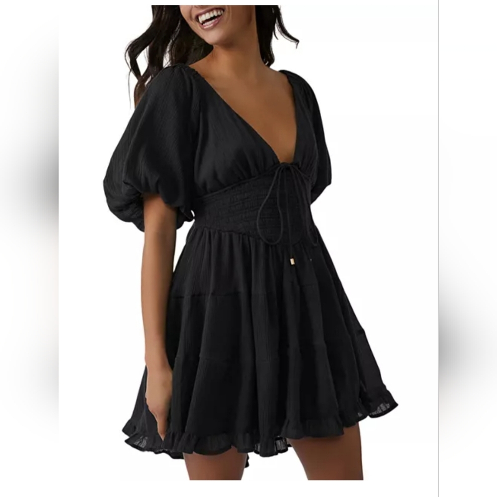 Free People Women's Perfect Day Cotton Mini Dress in Black Small